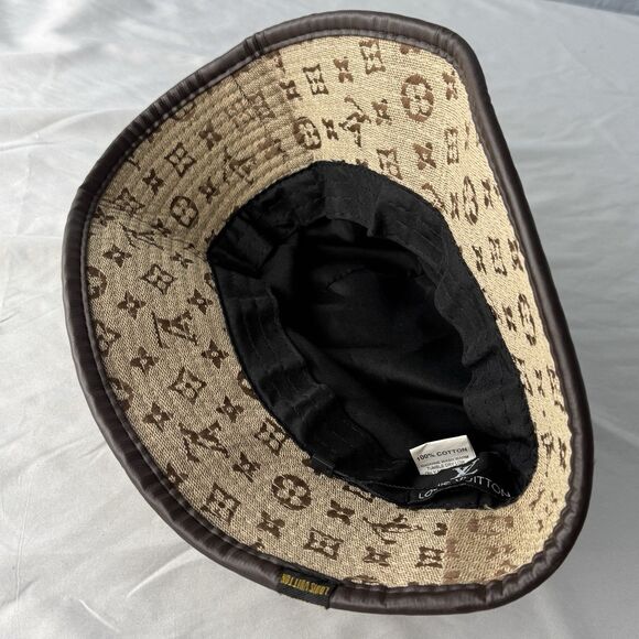 Louis Vuitton Cotton Bucket Hat Beige & Brown Leather Trim Logo 2 3/4” Brim - Picture 7 of 12